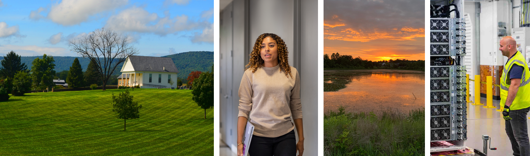 A collage of images showing people working in datacenters and Northern Virginia countryside
