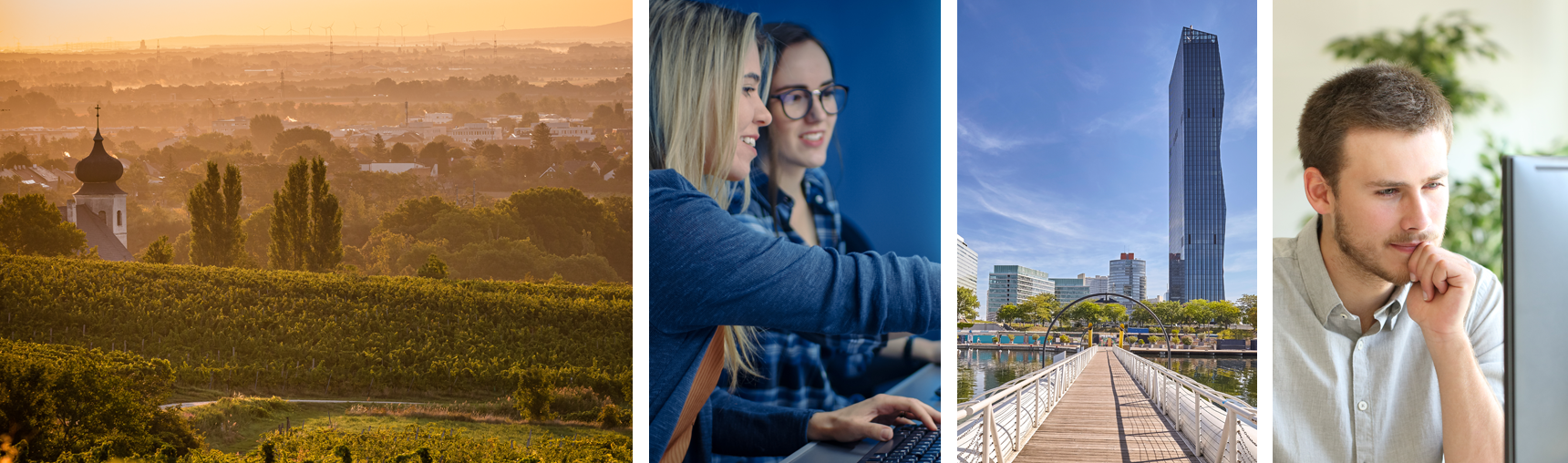 A collage of images including views of Vienna and people working in a datacenter